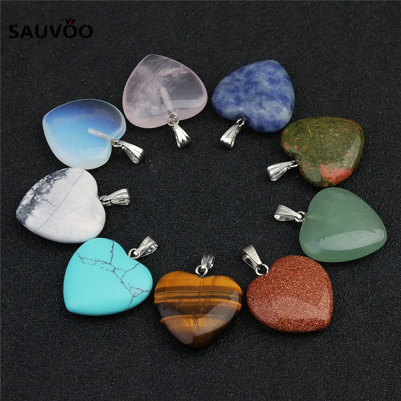 

Sauvoo 5pcs Purple Pink Crystal Natural Stone Heart Necklace Charms Pendants Bead 20mm for DIY Handmade Jewelry Making Findings