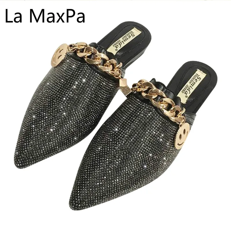 

Spring Summer New Women Shoes Fashion Pointed Toe Flat-soled Slippers Flock Water Drill Buckle Shallow Party Slipper