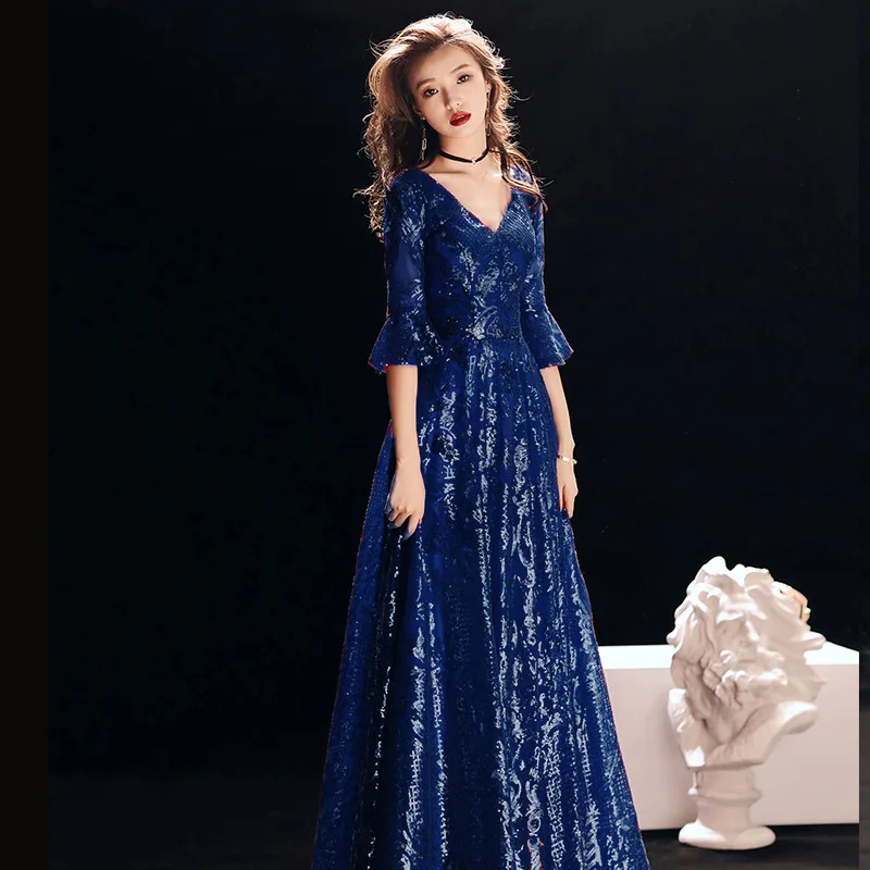 blue v-neck Вечерние платья Элегантные водолазки It's YiiYa, вечернее платье Простые кружевные, блестками длиной до пола, А-линии на молнии назад, Вечернее платье, E395,Лето - Цвет: blue v-neck