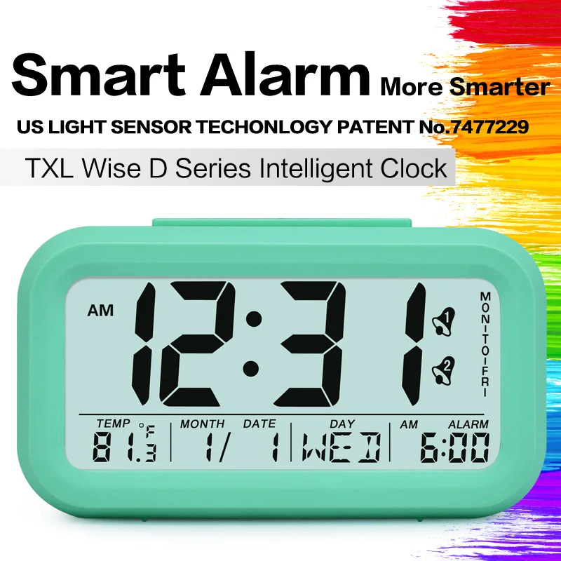 

TXL LCD Digital Alarm Clock Smart Snooze Light Sensor Table Clock Temperature Month Week Multi-functional Night Light Clock