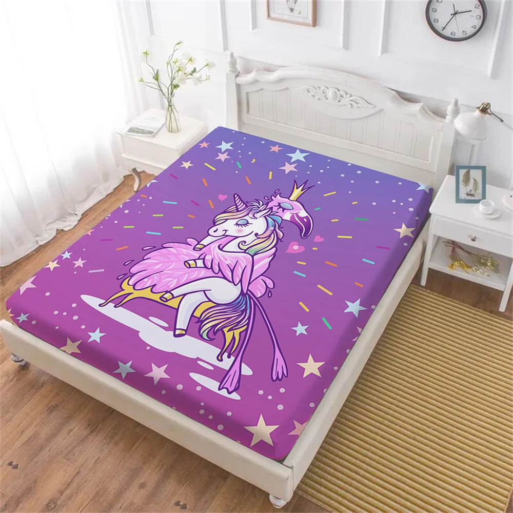 

Romantic Unicorn Fitted Sheet Colorful Cartoon Bed Sheet Unicorn with Flamingo Pattern Bedding Deep Pocket Mattress Cover D40