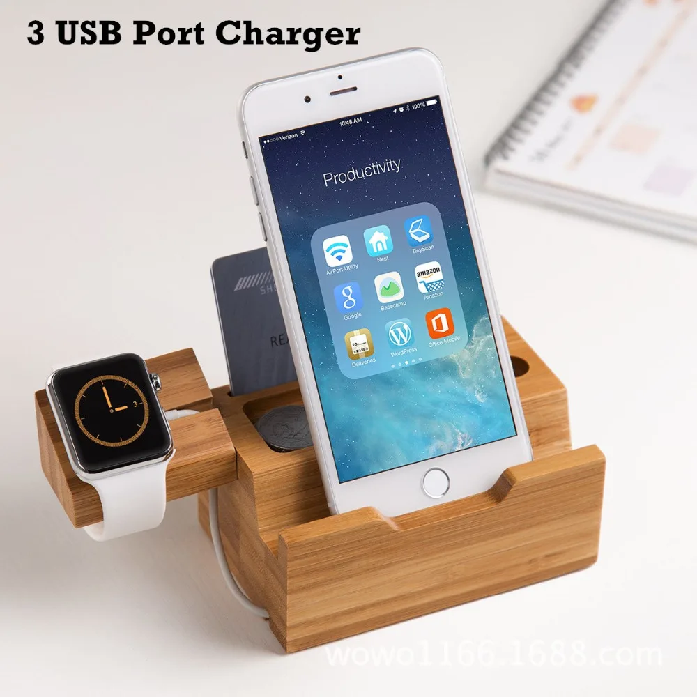 

Cell Phone Charger Dock with Watch Holder Desk Bamboo Wood Charging Stand For Apple Watch Charger For iPhone 7 8 Plus X Charger