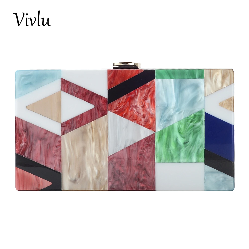 

Fashion Stitching Color Acrylic Women's Party Clutch Bags Chain Purse Female Crossbody Mini Messenger Bag Flap BG-018