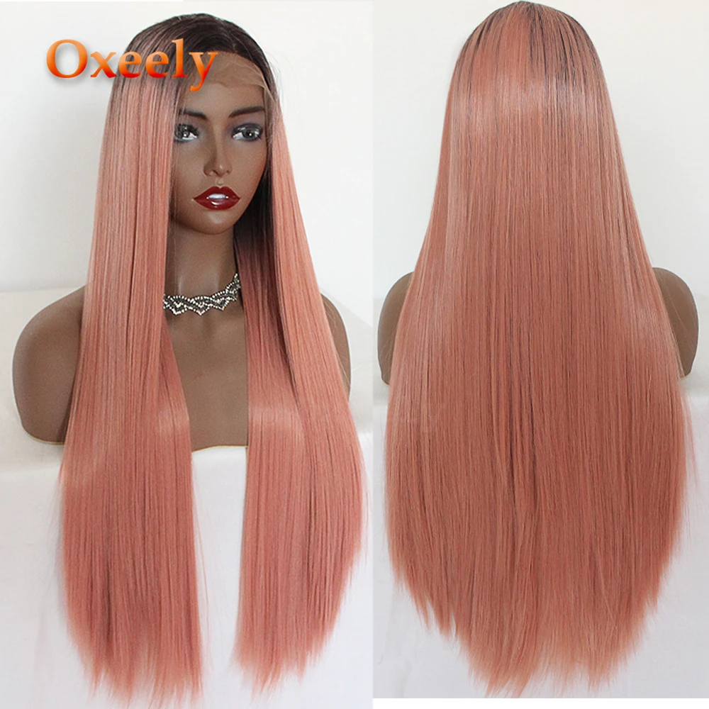 

Oxeely Long Pink Straight Hair Synthetic Lace Front Wigs Ombre Hair Free Parting Baby Hair Lace Front Wig for Black Women