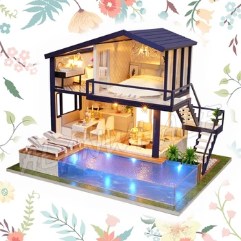 

Miniature Doll House Time Duplex Apartment Swimming Pool Dollhouse Furnitures Crafts Adult Teenager Toys Model Building Kits