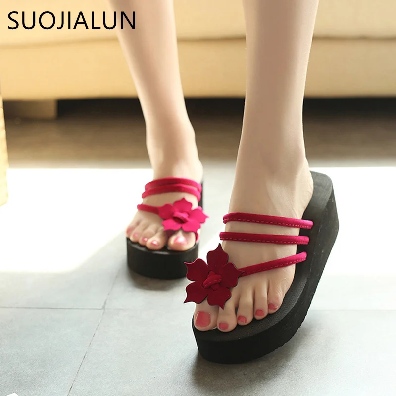

SUOJIALUN 2018 Spring Summer Woman Shoes Platform Slippers Wedge Beach Flip Flops High Heel Slippers For Women EVA Ladies Shoes