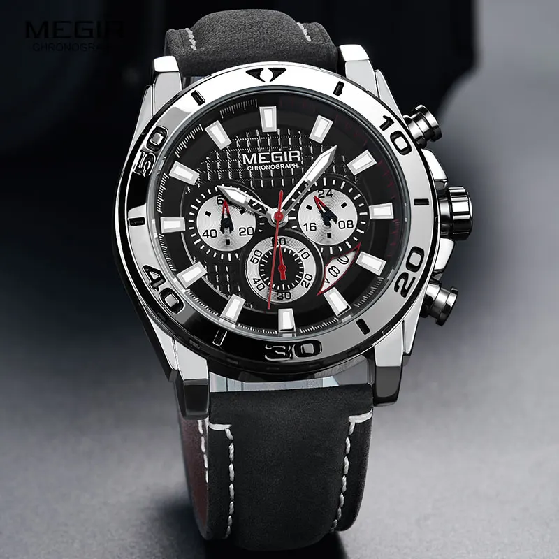 Tanie MEGIR męska armia sport Chronograph Quartz zegarki skórzany pasek Luminous zegarek wodoodporny człowiek Relogios zegar 2094 srebrny