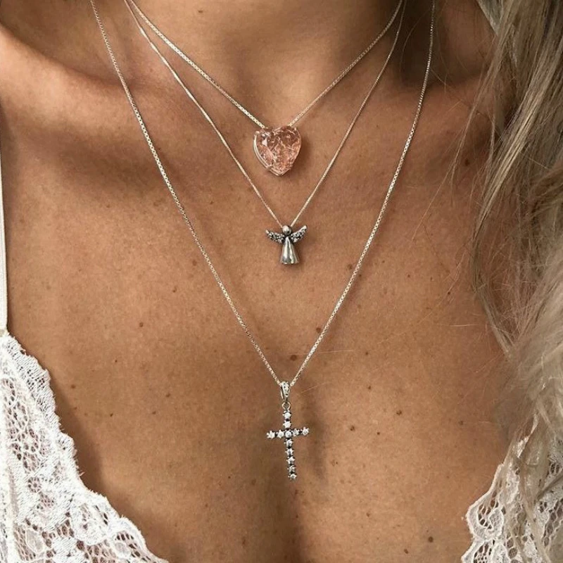 

2019 New Necklace Fashion Personality Simple Love Angel Cross Multi-layer Women's Necklace Wild Best Jewelry Wholesale Punk