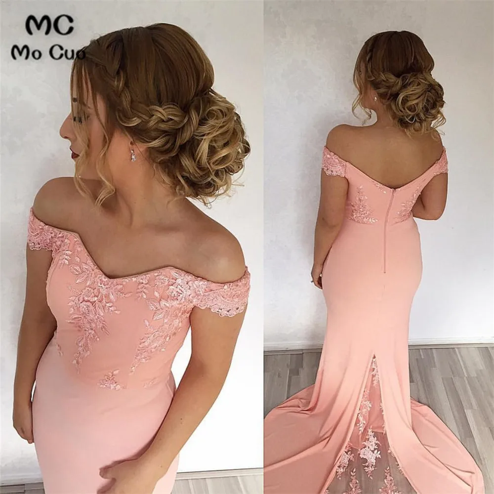 Mermaid Sweep Train Off Shoulder Prom Dresses Lace Appliques (1)
