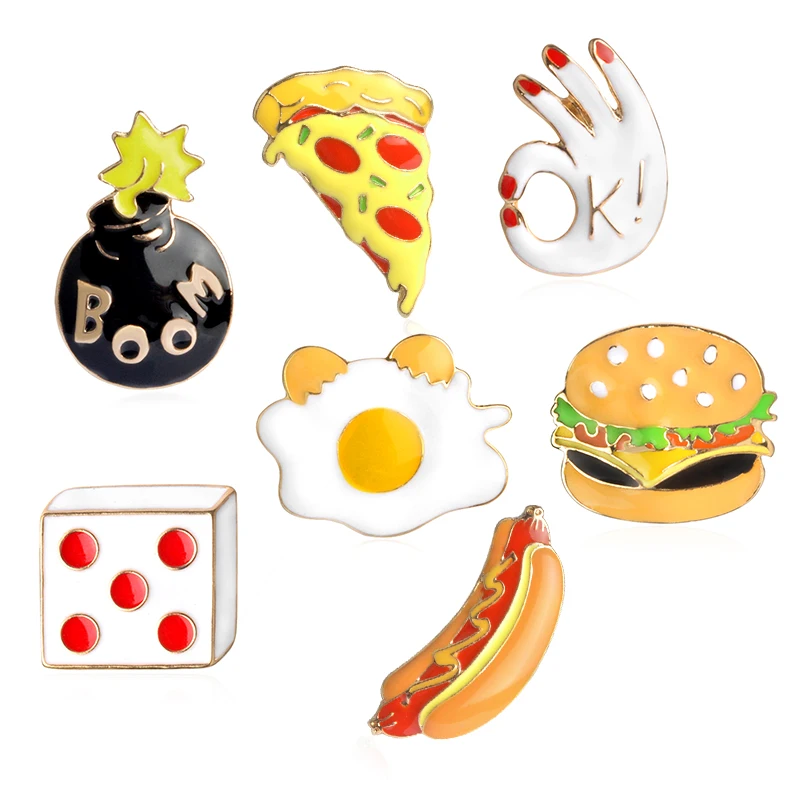 

Pizza Hamburger Hot Dogs Poached Eggs Dice OK BOOM Brooch Denim Jeans Enamel Pin Buckle Shirt Badge Fashion Gift For Friend