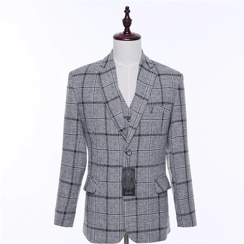 12-1.69.99..fashion mens casual blazers jacket wedding coats masculino america light gray british style plaid single formal blaser custom