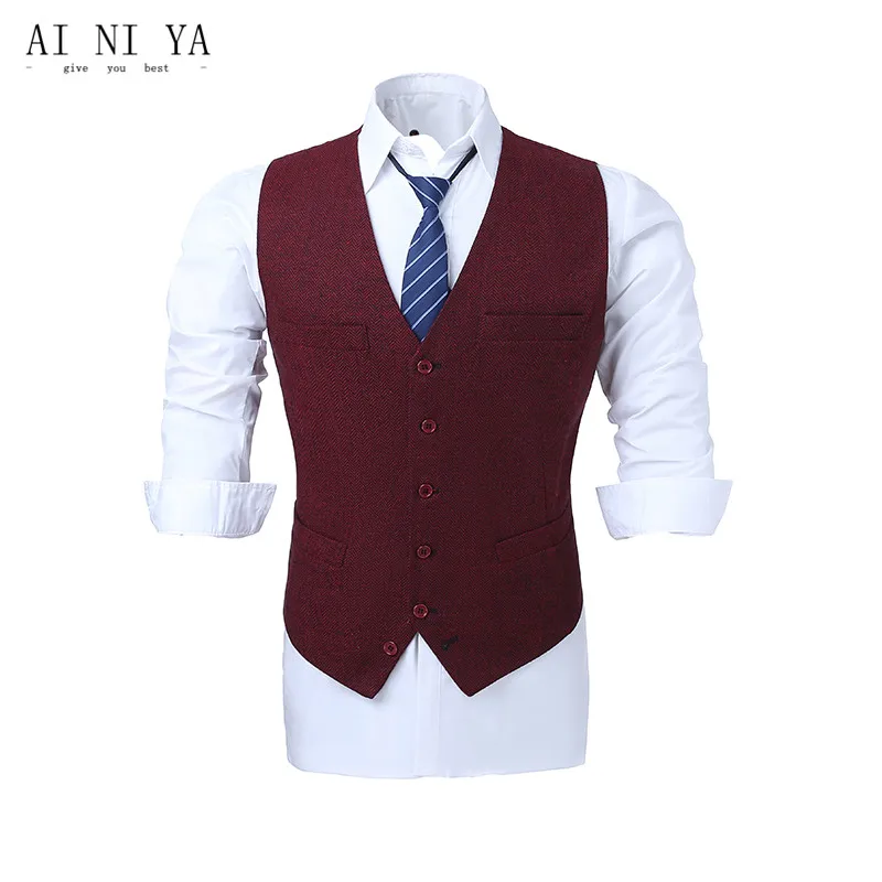 2018 Dress Vests For Men Slim Fit Deep Red Herringbone Male Waistcoat