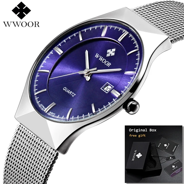blue with box WWOOR ультра тонкие модные мужские наручные часы Лидирующий бренд Роскошные деловые часы водонепроницаемые устойчивые к царапинам мужские часы - Цвет: blue with box