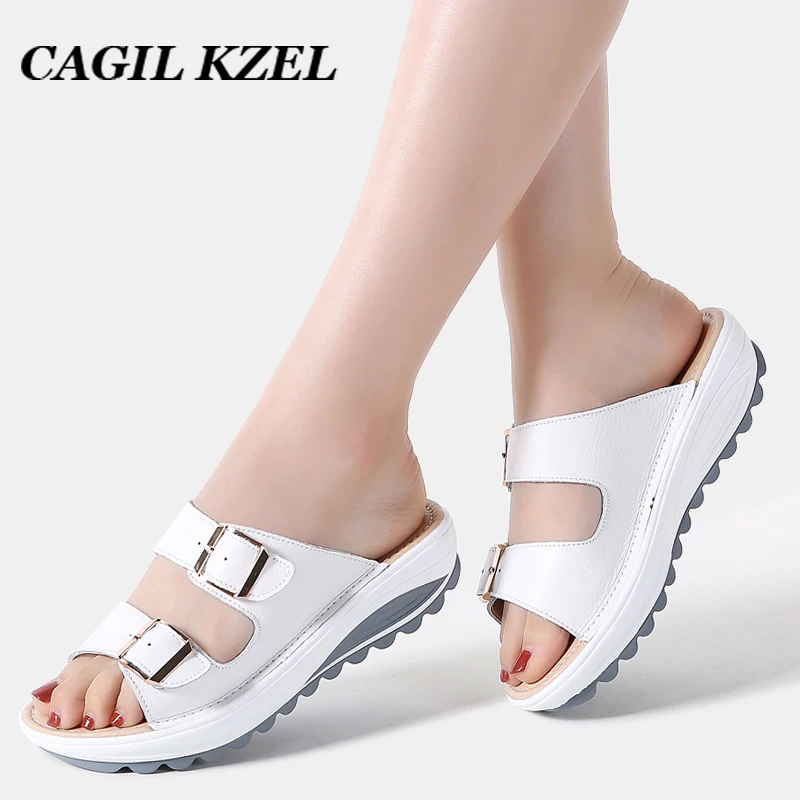 CAGILKZEL Летние женские туфли пряжки для тапочек из натуральной кожи босоножки на каблуках, толстая подошва, однотонный цвет, высокие каблуки женские уличные пляжные сандалии