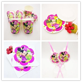 

50pcs/set Minnie Mouse Girls Birthday Party Supplies Tableware Plate Cup Napkin Straw For Baby Shower Cartoon Party Decoration