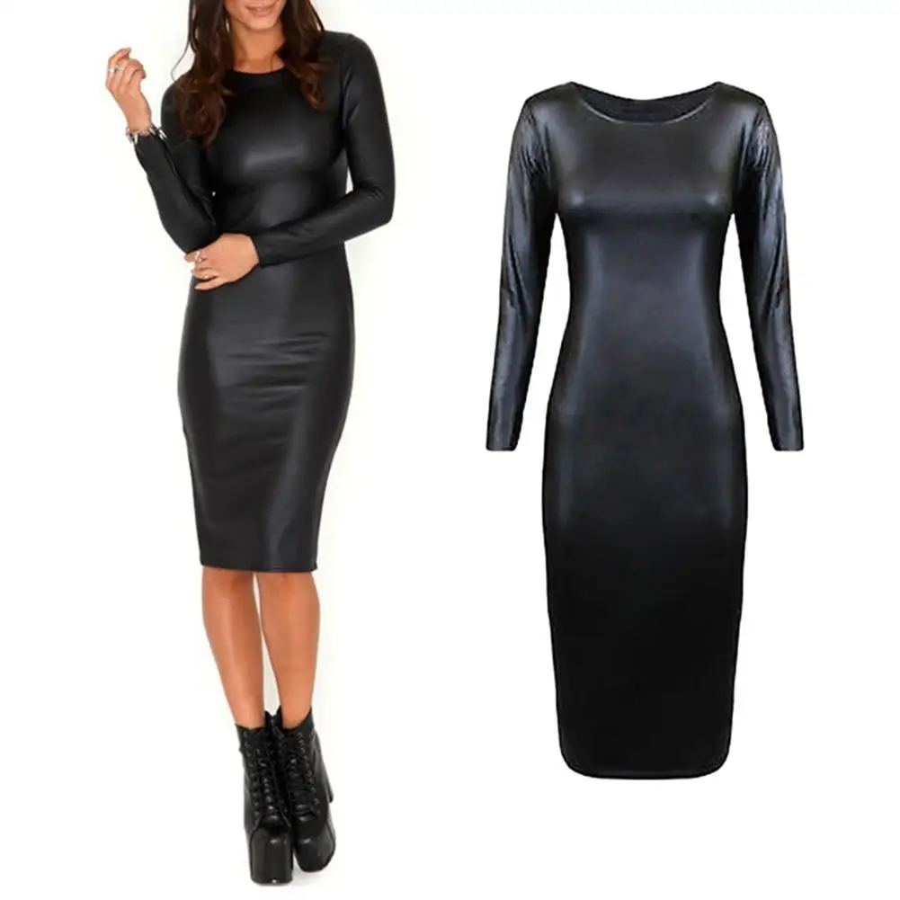

New Fashion Night Club Sexy Women Sundress Long Sleeve Crew Neck Faux Leather Bodycon Slim Lady Party Midi Pencil Dress Vestido