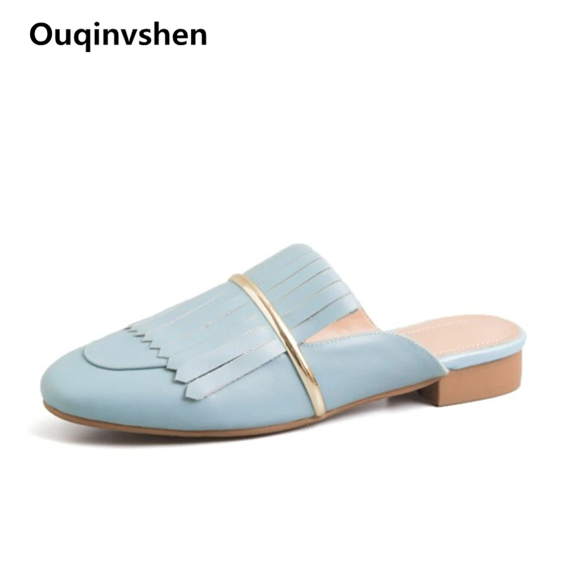 

Ouqinvshen Round Toe Women Mules Plus Size Casual Blue Solid Womens Slippers Outdoor Fashion Genuine Leather Flat Slippers Women