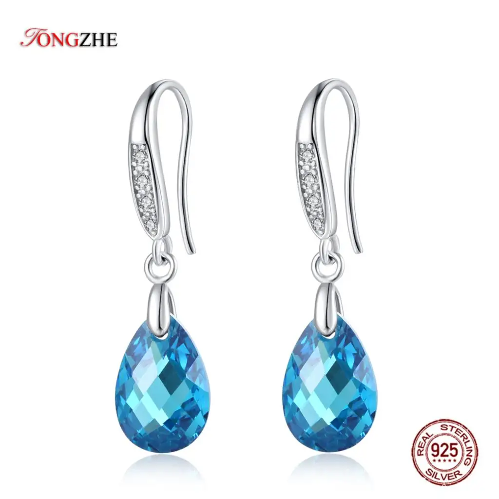 

TONGZHE Fashion Blue Austrian Drop Earrings For Women Elegant 925 Sterling Silver Anti allergy Earrings DIY Jewelry 2018