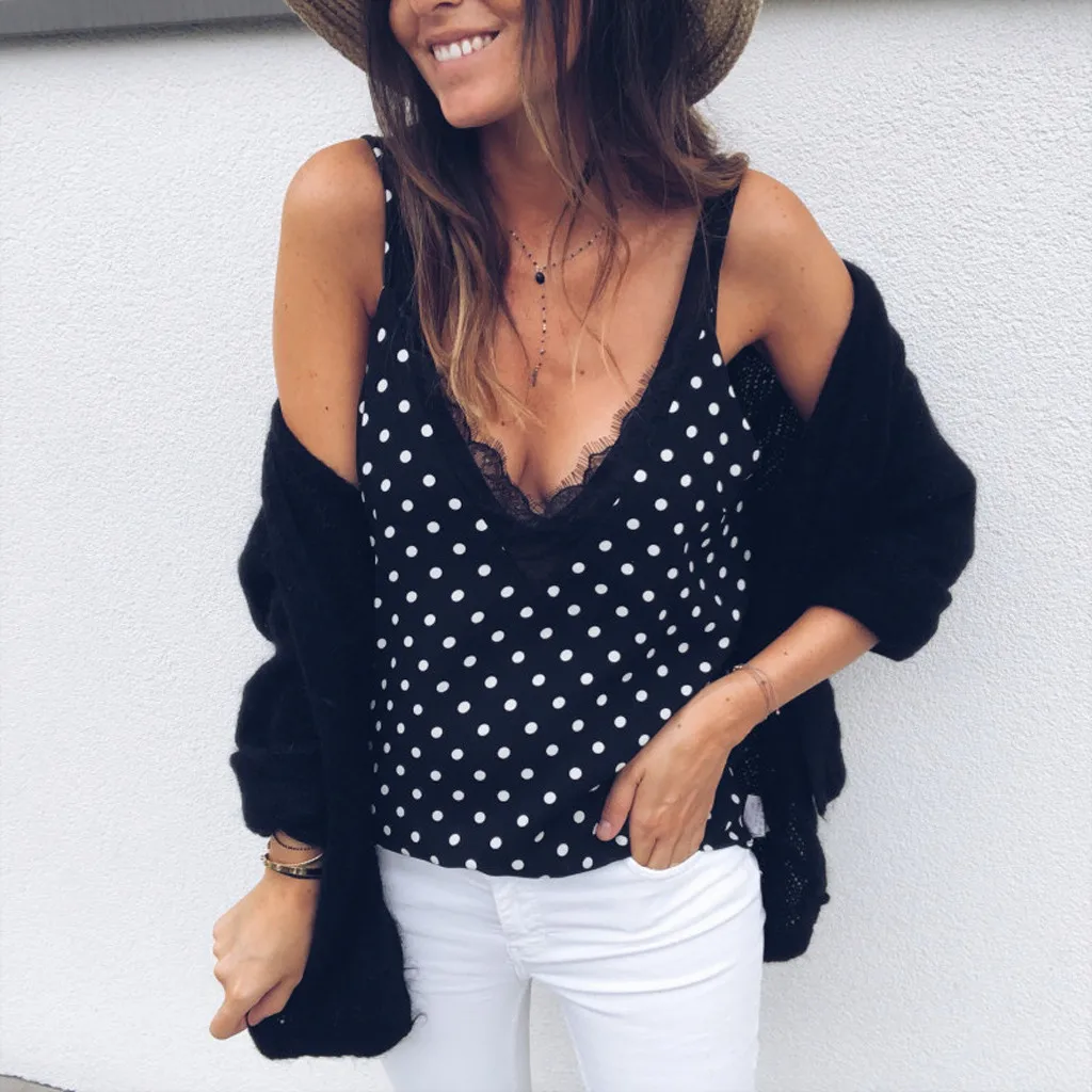 

Fashion New Crop top women tank top Summer Sexy V Neck Strappy Lace Dot Print Backless Top Crop Camis top mujer Fashion
