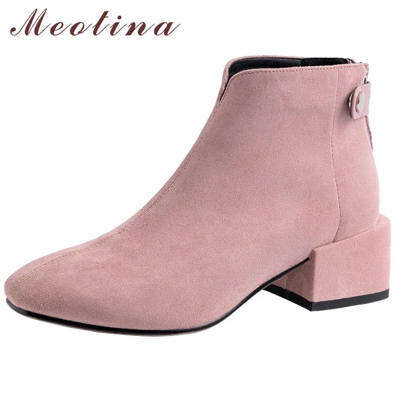 

Meotina Women Boots Winter Ankle Boots Cow Suede Block Heels Short Boots Zipper Square Toe Ladies Shoes Autumn Black Size 34-39