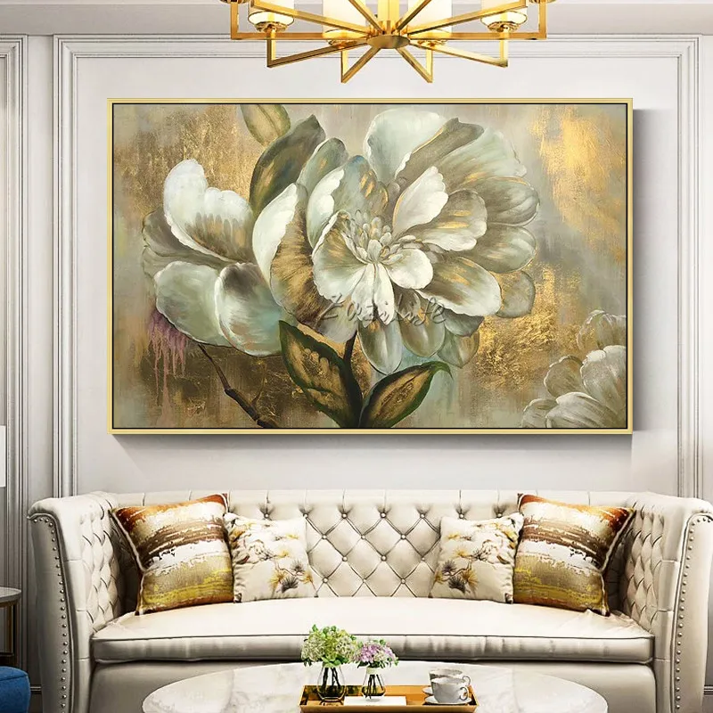 Gold White Flower Oil Painting Acrylic Wall Art Pictures