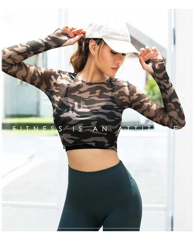 Women Sexy Sports Top Yoga Shirts Fitness Crop Long Sleeve tee camouflage see-through look Running T- shirt Gym Sportswear