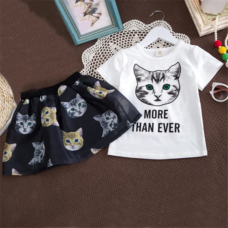 

2018 Brand Girl Kids Summer Tracksuit Clothing Set Cute Cat Tshirt+Tutu Dress for Girl Kids Casual Design Clothes 4-8Y Toddler