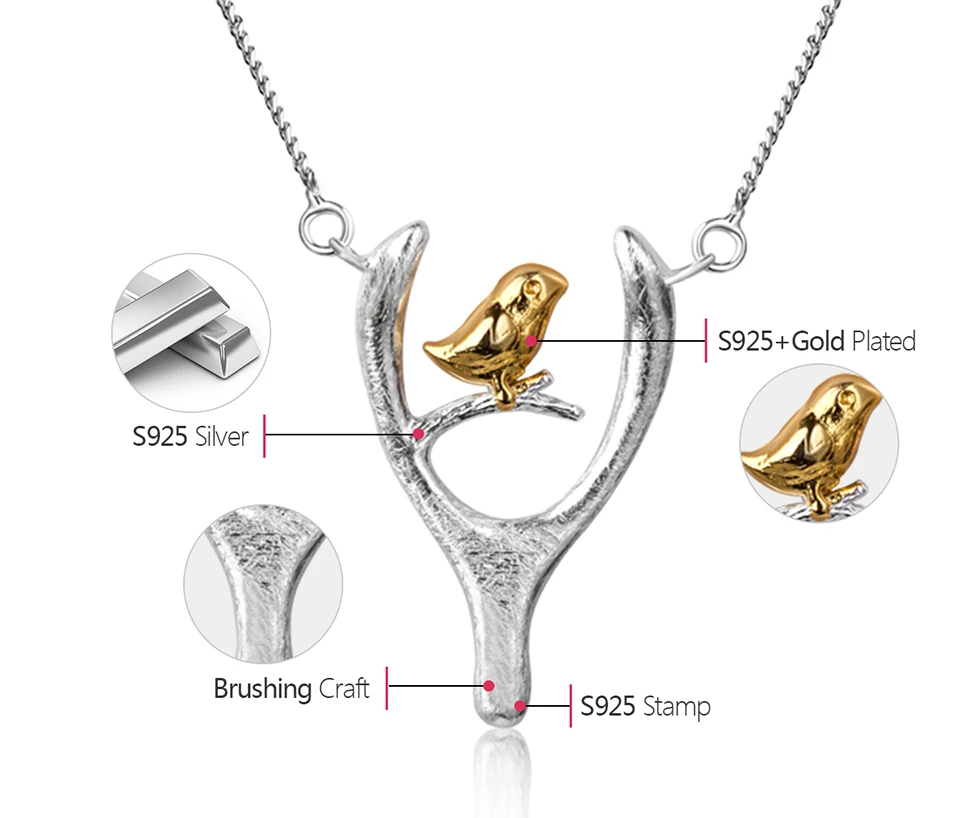 features 925 Sterling Silver Handmade Designer Fine Jewelry Bird and Wish Bone Necklace with Pendant for Women Collier