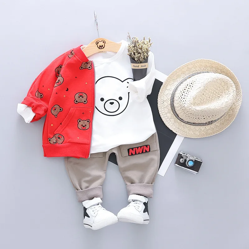 

Baby Spring and Autumn New Fashion Boy Set Bear Cartoon Print Casual Sportswear Long Sleeve Cotton Cardigan Three-piece Set
