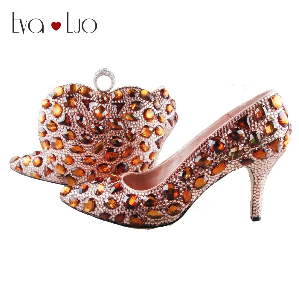 

BS991 DHL Custom Made Peach Coffee Brown Crystal Shoes With Matching Bag Set High Heels Women Shoes Bridal Wedding Shoes