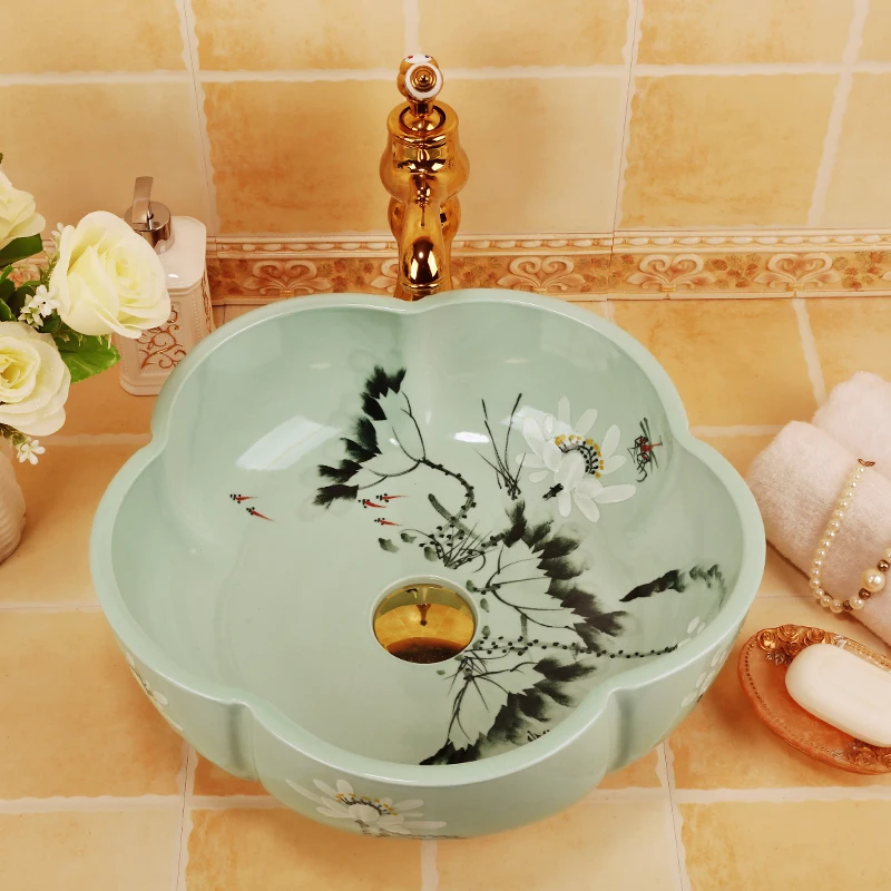 Изображение в китайском стиле lotus керамическое блюдо с рисунком арт Lavabo Ванная комната сосуд раковины круглый Счетчик Топ умывальник формы цветка