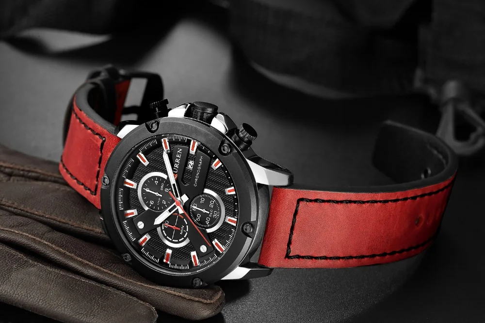 CURREN красные кожаные спортивные мужские часы модные повседневные кварцевые часы мужские водонепроницаемые наручные часы с хронографом мужские наручные часы