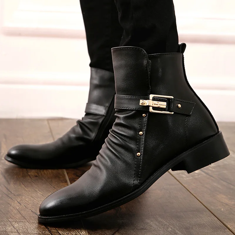 

Chelsea Boots Men Autumn Early Winter High Top Ankle Boots Pointed Toe PU Leather Brand Winter Shoes Fashion Mens Boots