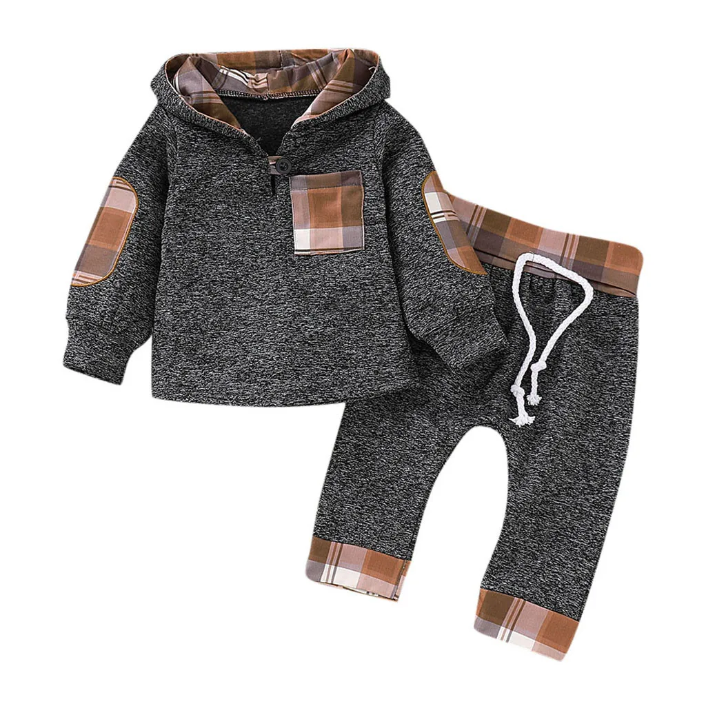 

New Spring Autumn Toddler Baby Boys Girls Plaid Hooded Pullover Tops Pants Outfits Set Keep Warm Infantis Costume For 6M-3Y @35