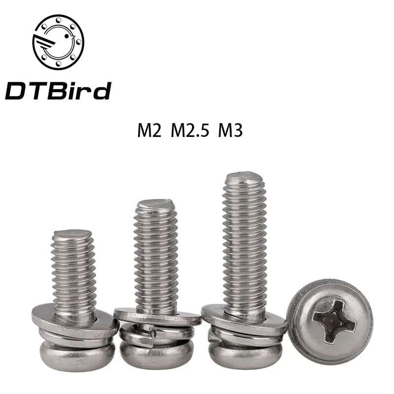 Free shipping Carbon steel Nickel plated round head Three combination screw M2 M2.5 M3 M2.5*6 M2
