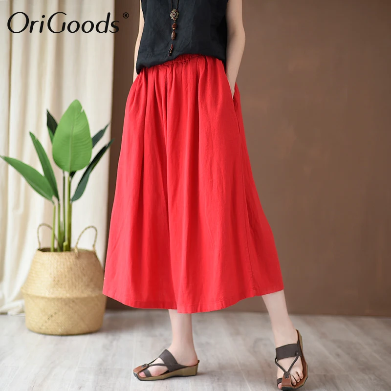 

OriGoods Cotton Linen Summer Pants Women Plus size Wide leg Pants Skirt Solid Red White Black Loose Wide leg Trousers 2019 C248