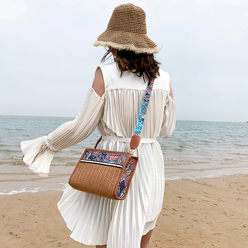 Boho плетеная Сумка из ротанга Соломенная пляжная сумка женская Этническая сумка через плечо с красочным ремешком сумки через плечо для женщин коричневый