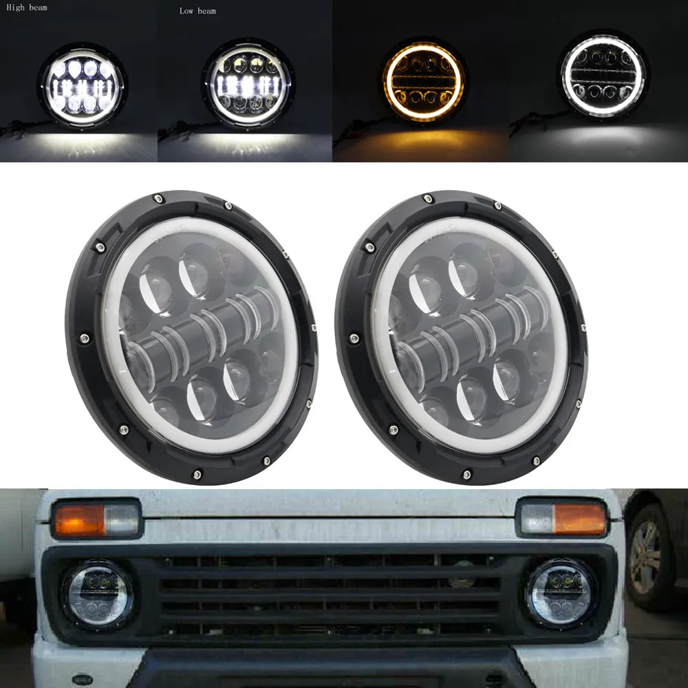 

2x For Lada Niva 7 inch Led Headlight H4 Hi/Low White DRL Amber Turn Lamp Halo Angel Eyes For Jeep TJ JK Lada 4x4 suzuki Hummer