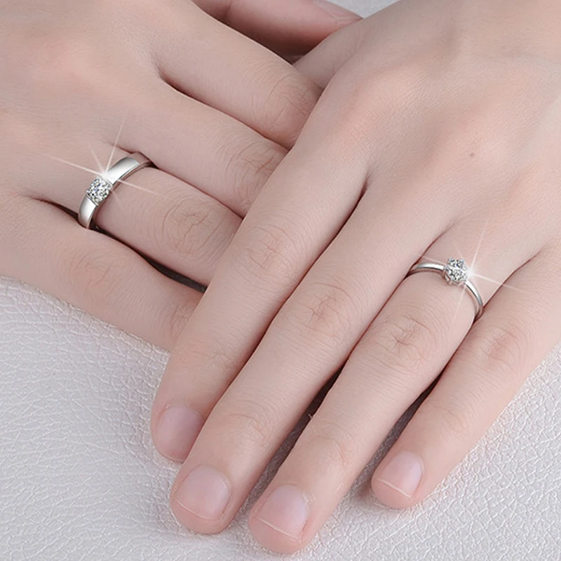 Mossovy Zircon Adjustable Silver Couple Wedding Rings for Women and Male Fashion Rhinestone Engagement Ring for Men for Female