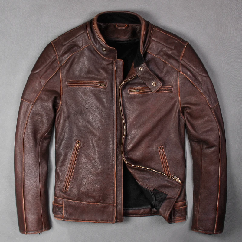 

2018 New Vintage Brown Men's Biker Leather Jacket Genuine Thick Cowhide Slim Fit Leather Motorcycle Winter Coats S-XXXL
