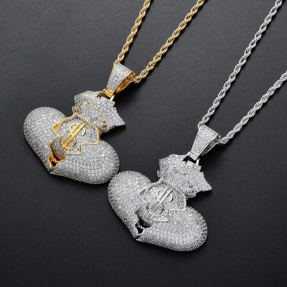 

Brass Micro Pave Cubic Zirconia Money Bag With Broken Heart pendants&Necklace Hip Hop Jewelry For Men CN079
