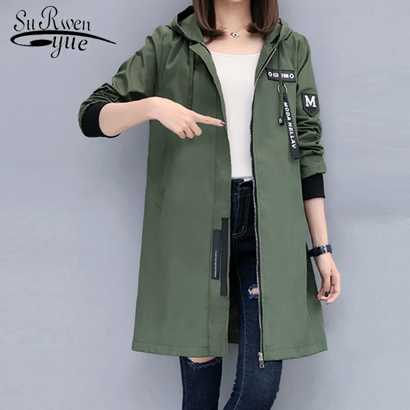 

fashion women jacket 2018 long sleeve casual solid autumn coat Hood Medium Long Army Green Female jacket women 1260 40