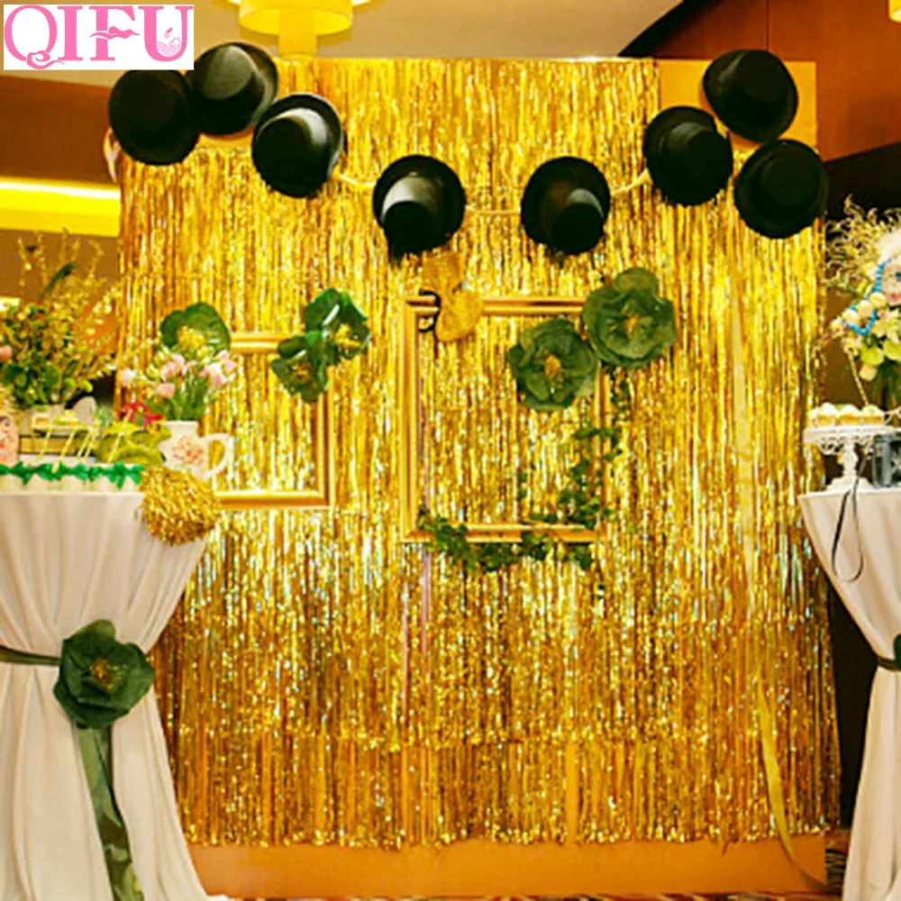 

QIFU 1x2M 1x3M Gold Foil Fringe Tinsel Curtain Tassel Garland Wedding Backdrop Birthday Photobooth Props Wedding Decoration