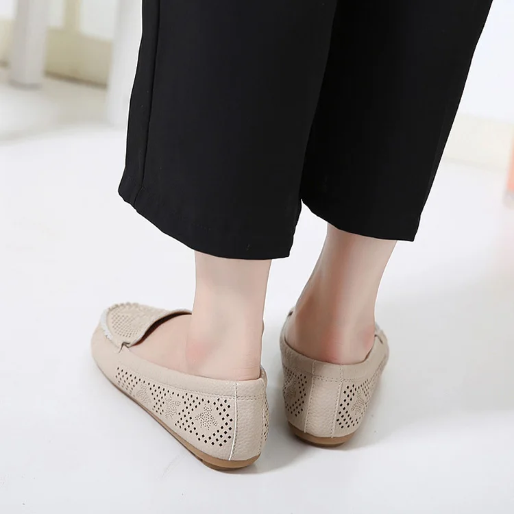 Woman Loafers PU Leather Shoes for Mother Flat with Sewing Summer Women's White Shoes Breathable Hollow Ballet Flats Black Beige (6)