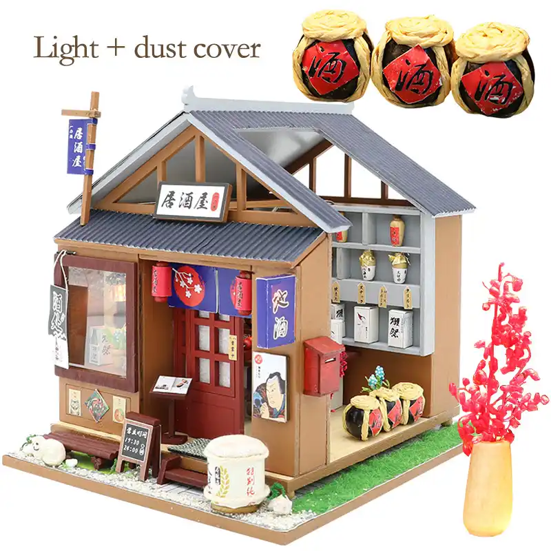 September-Europe DIY 1:24 handmontierter japanischer Stil Sushi Shop Miniatur Holz kreatives Puppenhaus DIY Kit zusammengebaut f/ür Geburtstag Geschenk mit LED-Leuchten