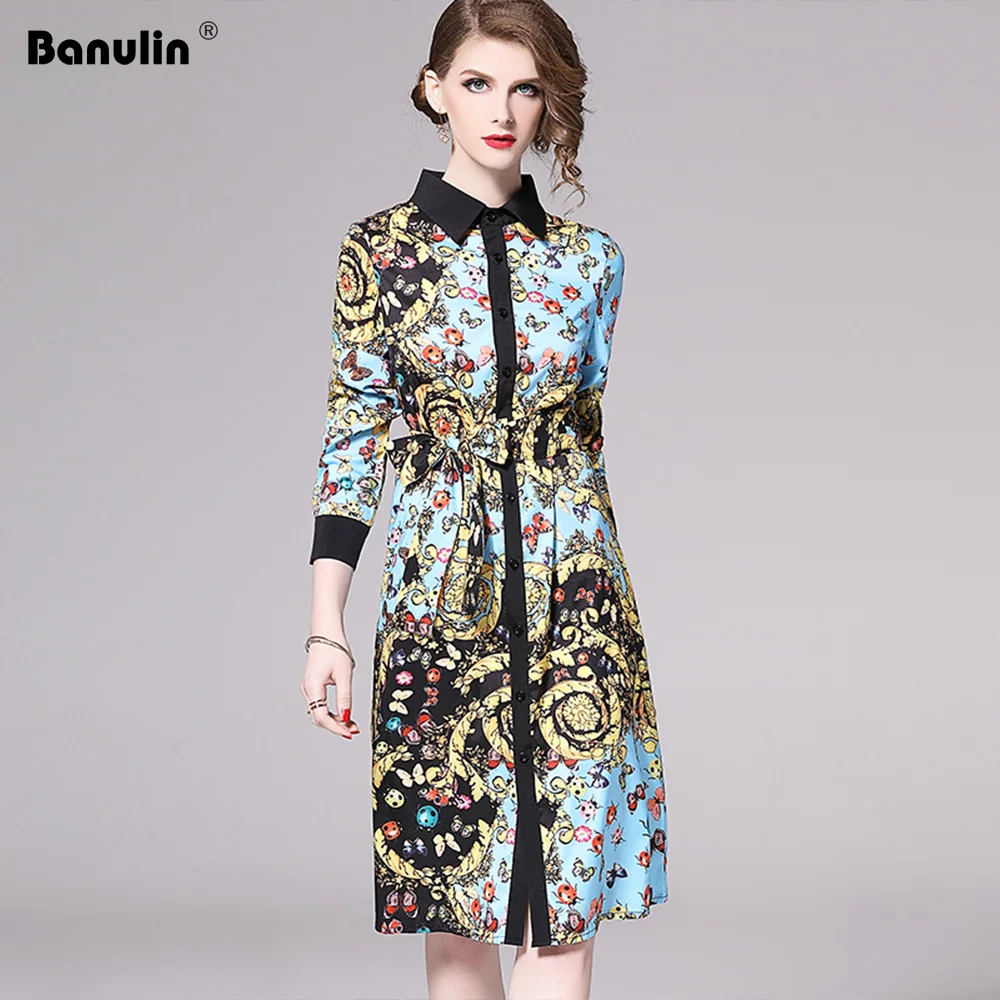 

Banulin Runway Fashion Designer Spring Dresses Women's Long Sleeve Gorgeous Printed Belted Dress Loose Mini Shirt Dress B5117
