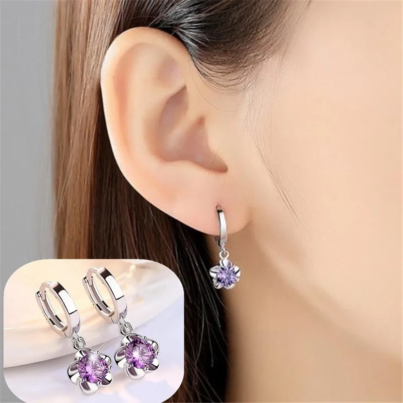 Модный золотой цвет простой в Корейском стиле фиолетовый хрустальный цветок серьги гвоздики для женщин Свадебные украшения Свадебные обручальные серьги