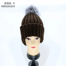 Вязаная шапка с помпонами из натурального меха, шапки с помпонами, зимняя женская шапка, шерстяная шапка для девочек, хлопковая шапка с черепами, женская шапка с лисьим помпоном