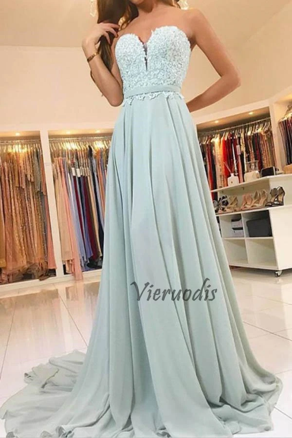 

Vieruodis/ Sexy Sweetheart A Line Mint Green Prom Dresses Long 2019 Chiffon Lace Appliques Backless Formal Evening Party Gowns