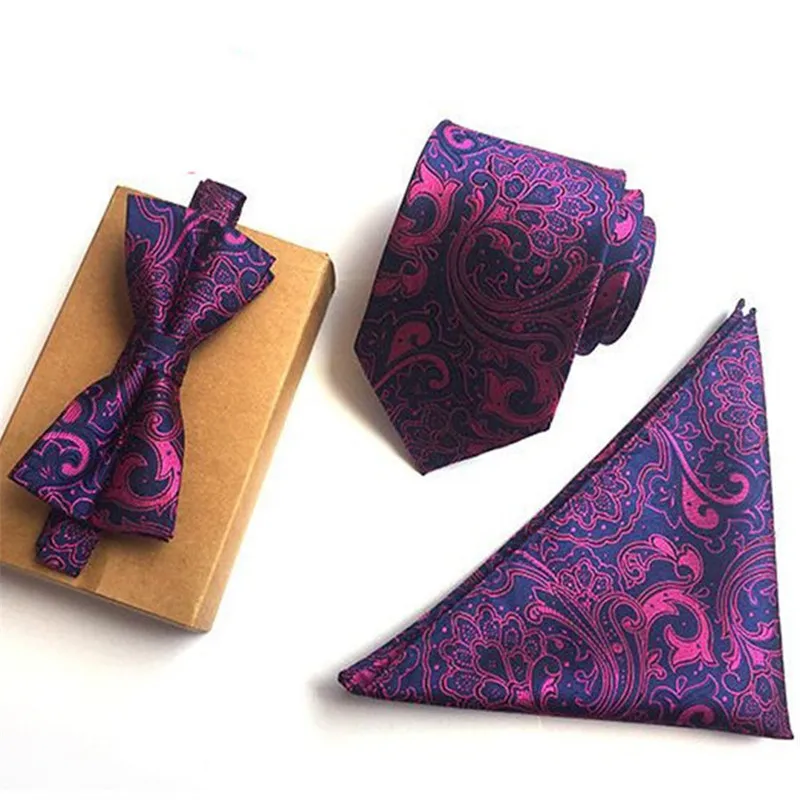 

CityRaider Purple Paisley Print New Mens Neckties Silk Ties For Men Handkerchief And Bow Tie With Match Neck Ties 3pcs Set CR014